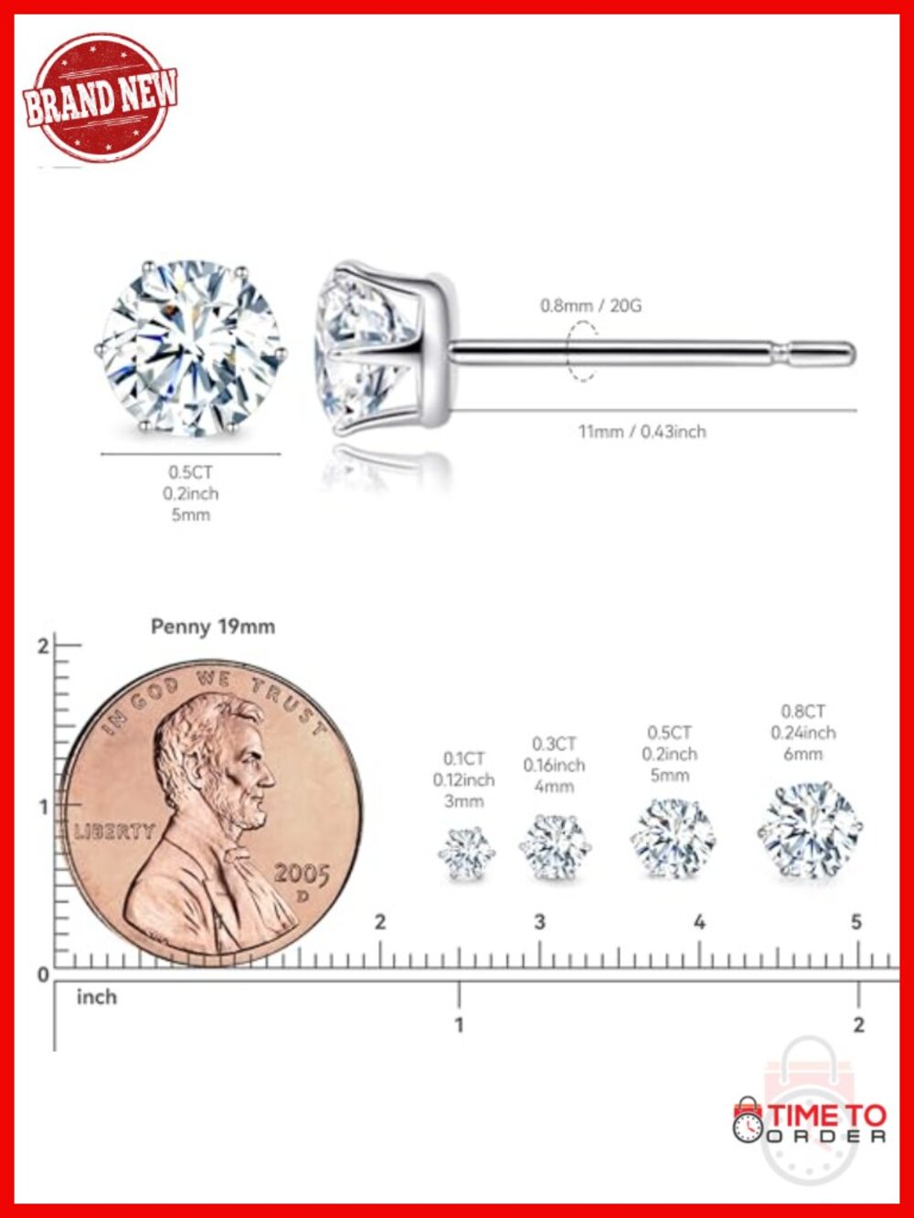 Moissanite Stud Earrings - 18K White Gold Plated Titanium, Hypoallergenic, - Picture 4 of 6